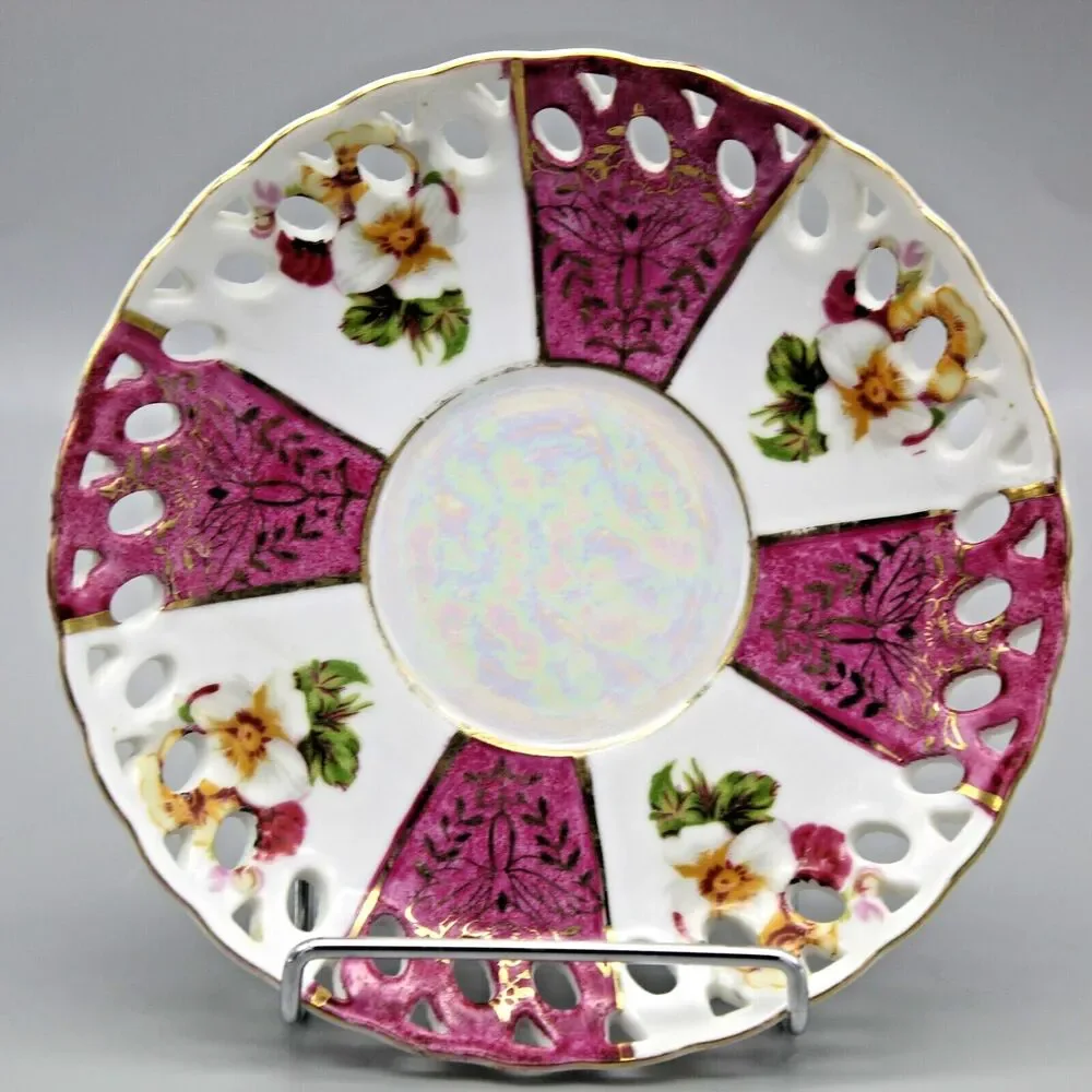 Lusterware Floral Cup & Saucer Set Pink Stripes Reticulated Saucer Vintage